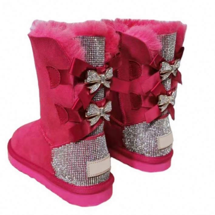 2023 factory new fashion girls Customized Logo Diamond Shinning Warm Winter Women's Medium Snow Boots Sheepskin Boots With Bow