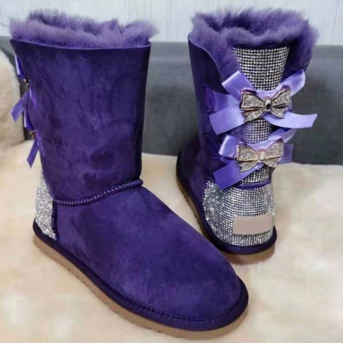 2023 factory new fashion girls Customized Logo Diamond Shinning Warm Winter Women's Medium Snow Boots Sheepskin Boots With Bow