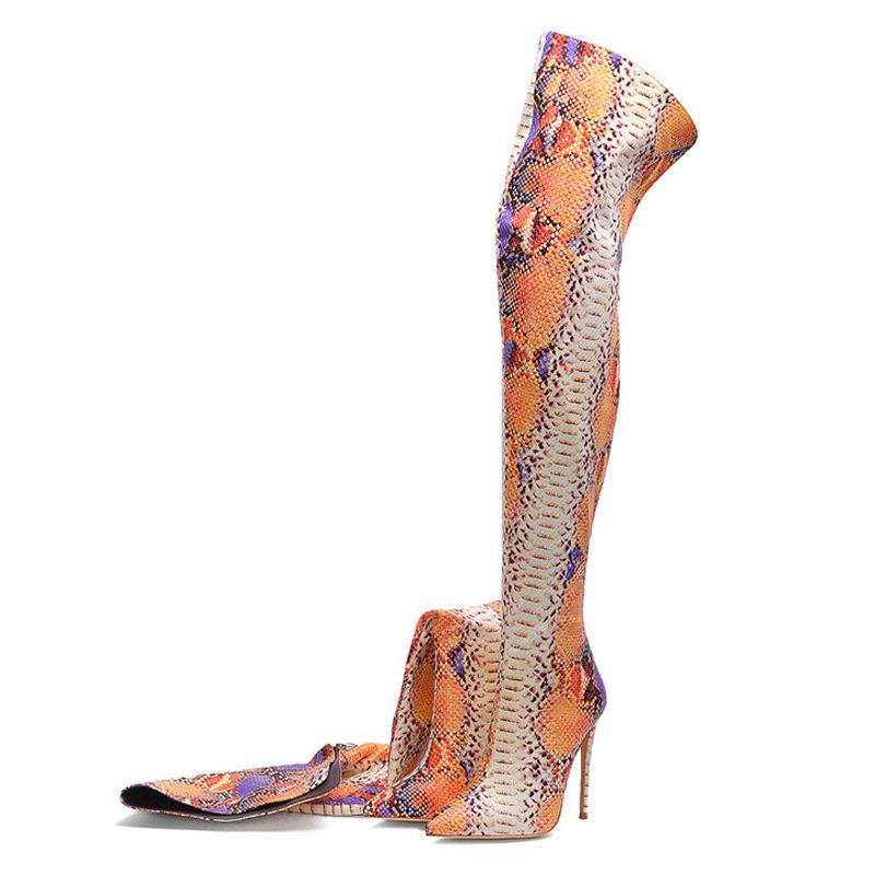 Fashion Sexy Snake Print High Heel Boots Women Leather Stiletto Over The Knee High Boots