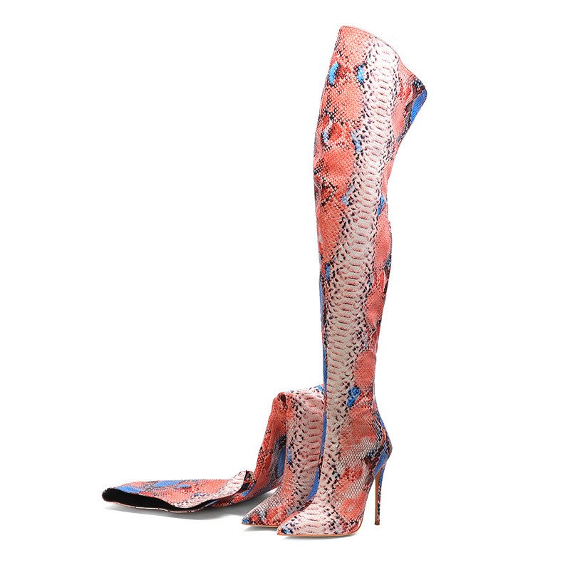 Fashion Sexy Snake Print High Heel Boots Women Leather Stiletto Over The Knee High Boots