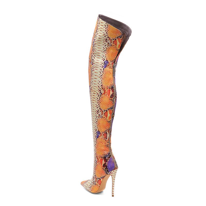 Fashion Sexy Snake Print High Heel Boots Women Leather Stiletto Over The Knee High Boots