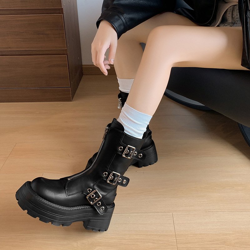 Womens Platform Boot Heels Sexy Round Toe Lace UP High Heels Mid Calf Boots