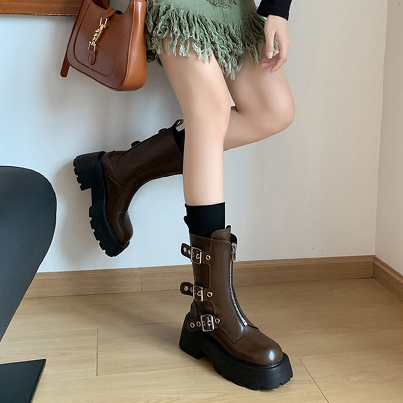 Womens Platform Boot Heels Sexy Round Toe Lace UP High Heels Mid Calf Boots