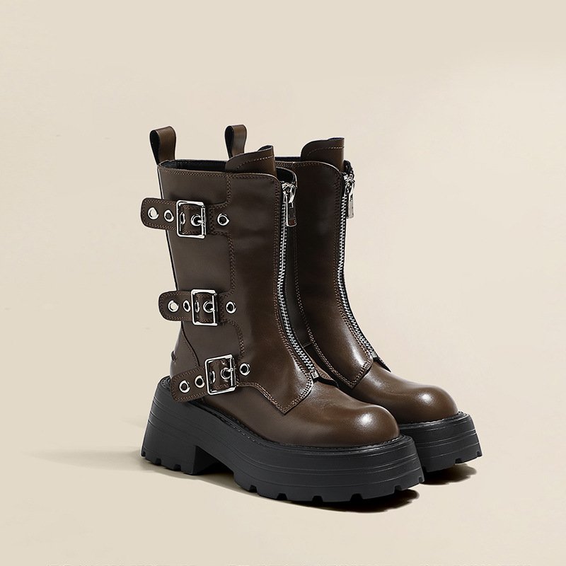 Womens Platform Boot Heels Sexy Round Toe Lace UP High Heels Mid Calf Boots