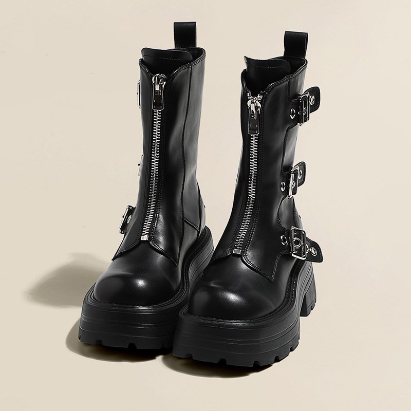 Womens Platform Boot Heels Sexy Round Toe Lace UP High Heels Mid Calf Boots