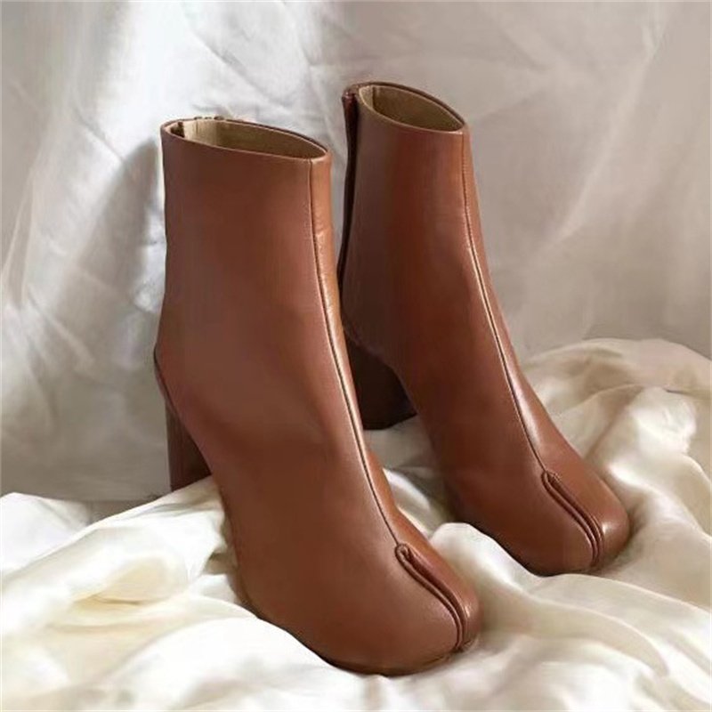 IDOIT Hot Selling Slip On Leather Boots Split Toe Slim Thick Heel High Heel Ladies Boots Ankle Leather Boots Women Shoes