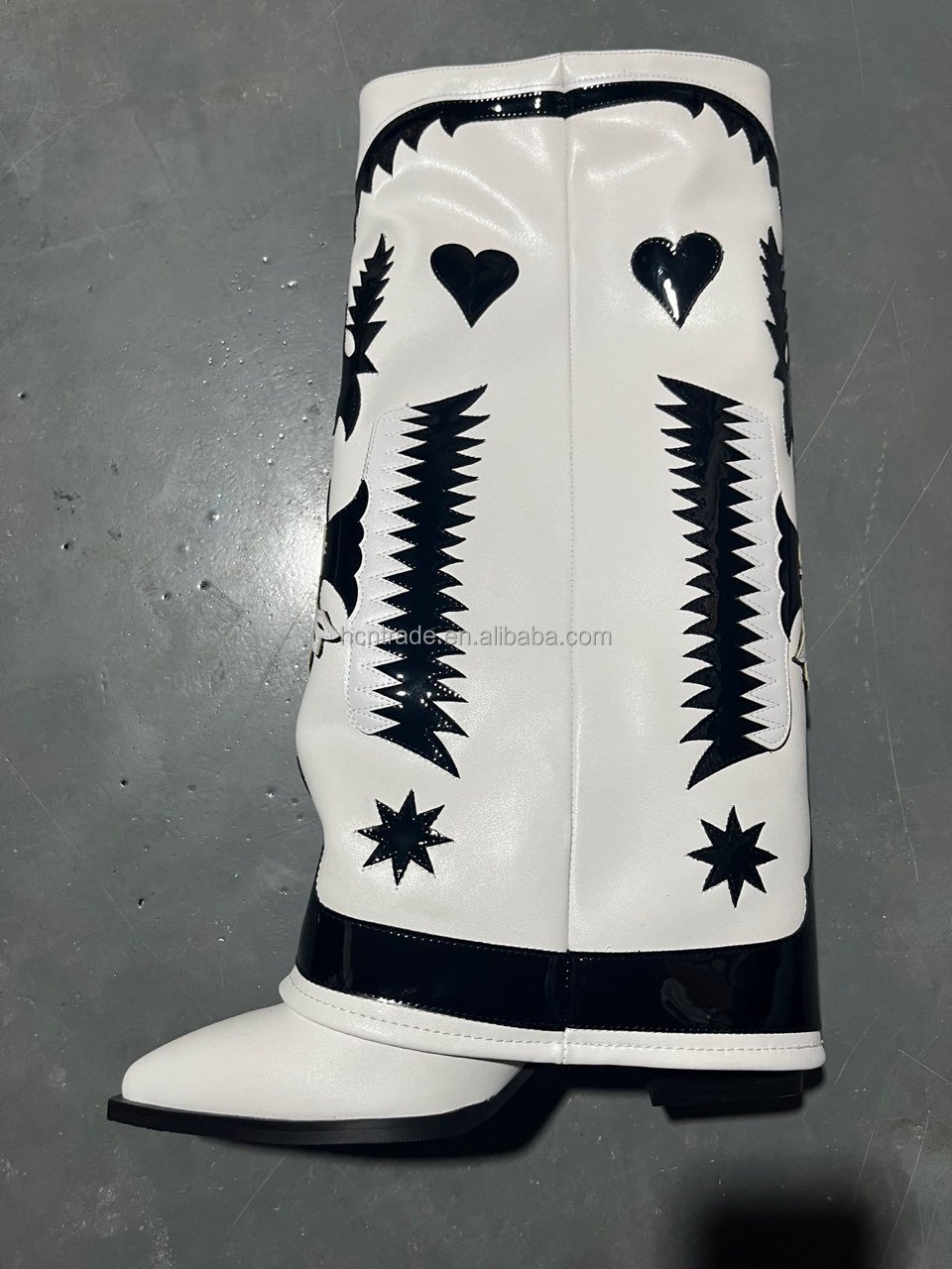 BUSY GIRL MY4318 Wide Leg Boots Women Shoes White Block Heels western Knee High Embroidery Boots fold over boots for womens