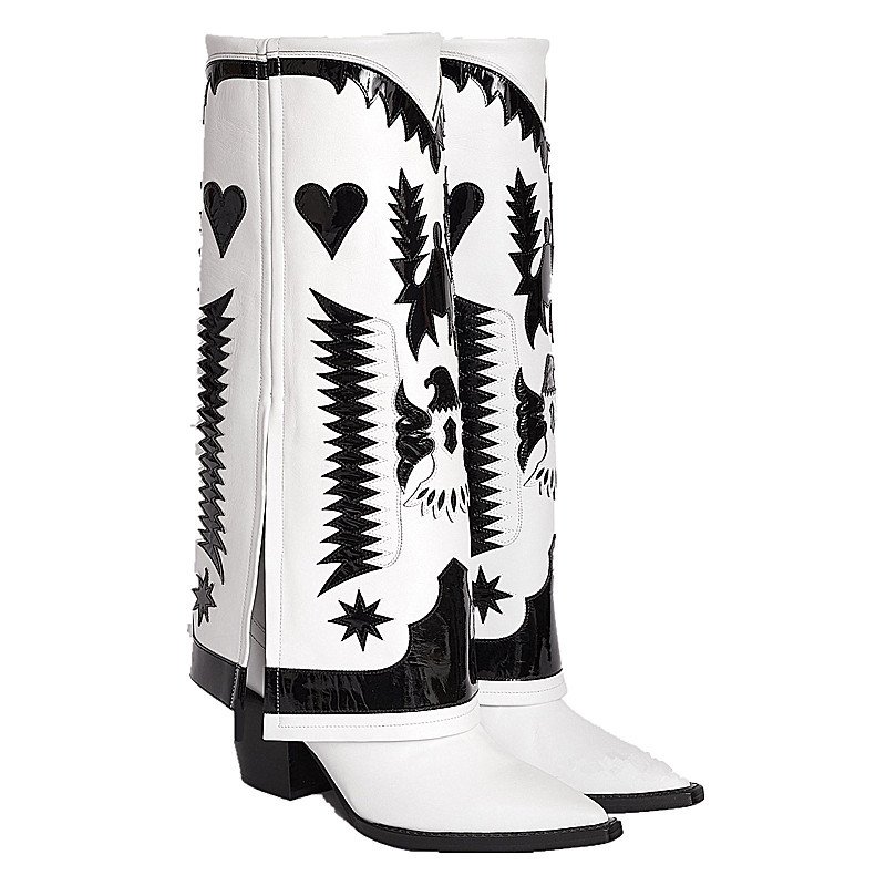 BUSY GIRL MY4318 Wide Leg Boots Women Shoes White Block Heels western Knee High Embroidery Boots fold over boots for womens