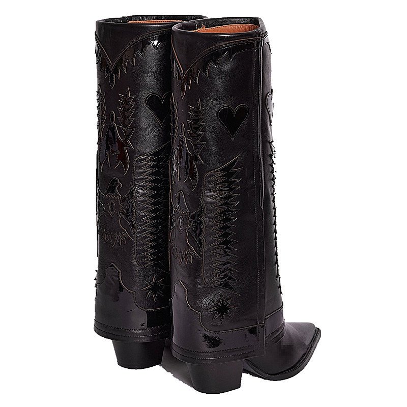 BUSY GIRL MY4318 Wide Leg Boots Women Shoes White Block Heels western Knee High Embroidery Boots fold over boots for womens