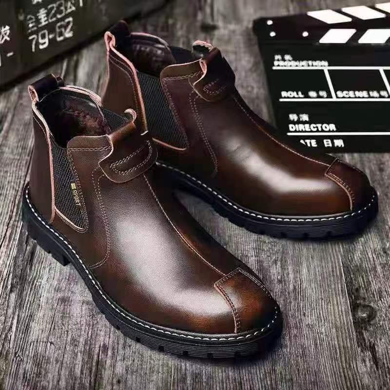 2023 new high-top casual leather boots shoes retro British flat Chelsea boots men short work boots