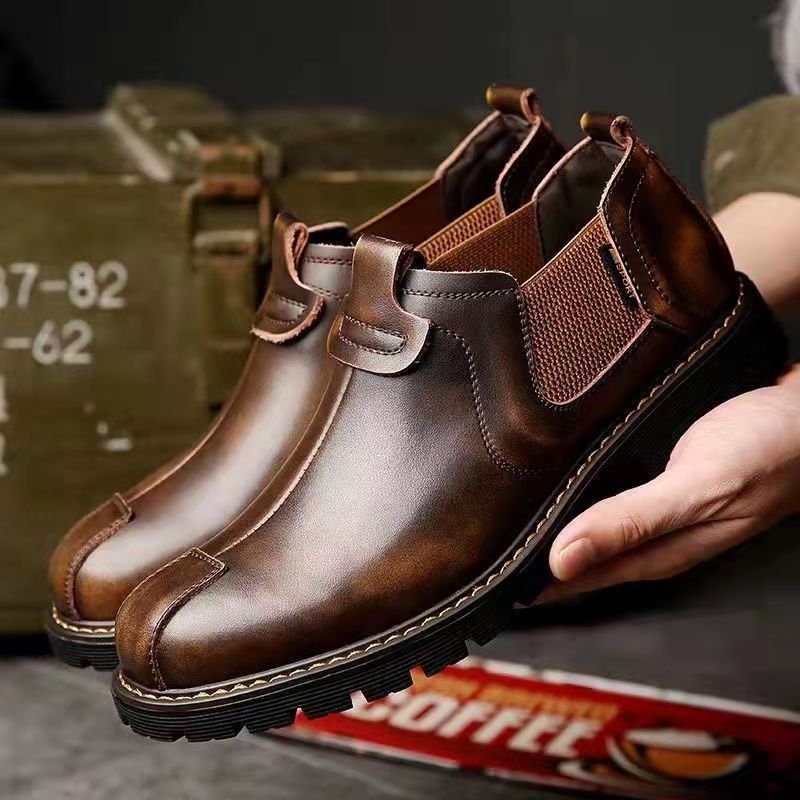 2023 new high-top casual leather boots shoes retro British flat Chelsea boots men short work boots