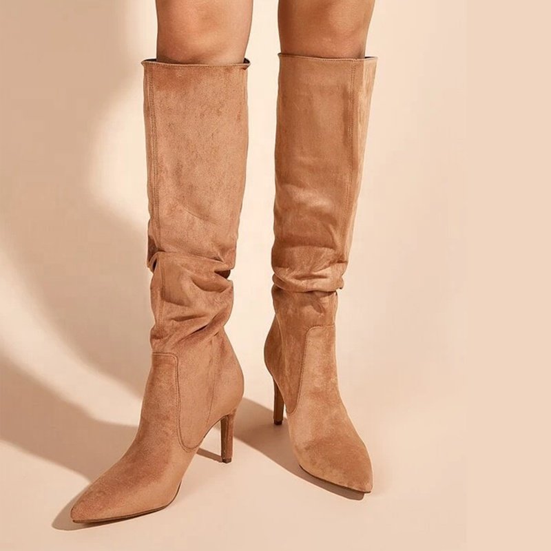 Latest Women's Knee-High Stiletto Boot for Autumn Long Winter with Comfortable PU Insole Suede Upper Rubber Upper for Ladies