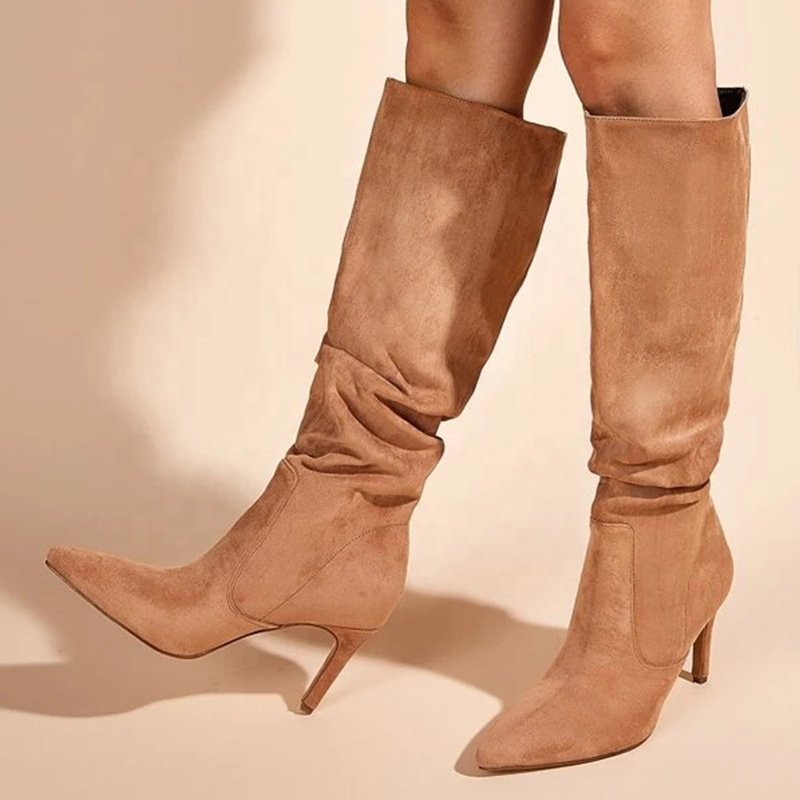 Latest Women's Knee-High Stiletto Boot for Autumn Long Winter with Comfortable PU Insole Suede Upper Rubber Upper for Ladies