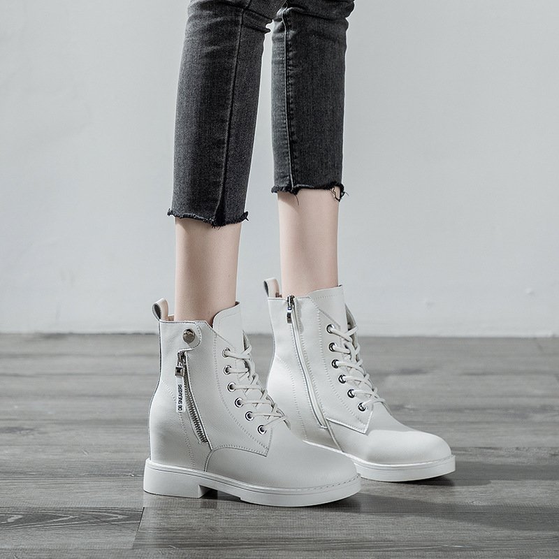 Leather fashion boots comfortable breathable women's inner heightening lace-up casual short boots