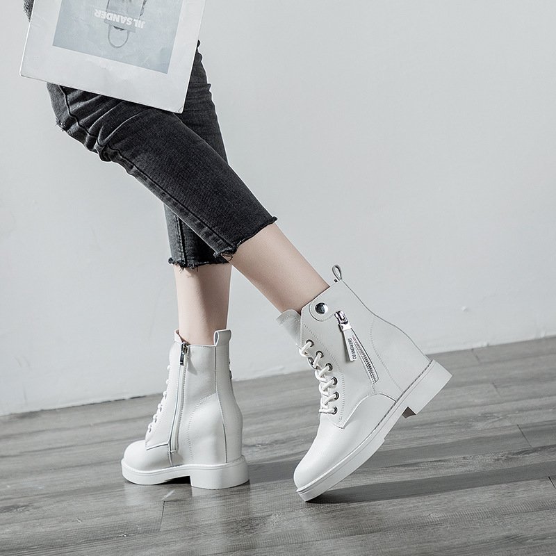 Leather fashion boots comfortable breathable women's inner heightening lace-up casual short boots