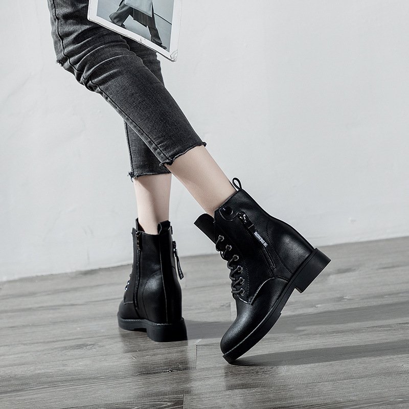 Leather fashion boots comfortable breathable women's inner heightening lace-up casual short boots