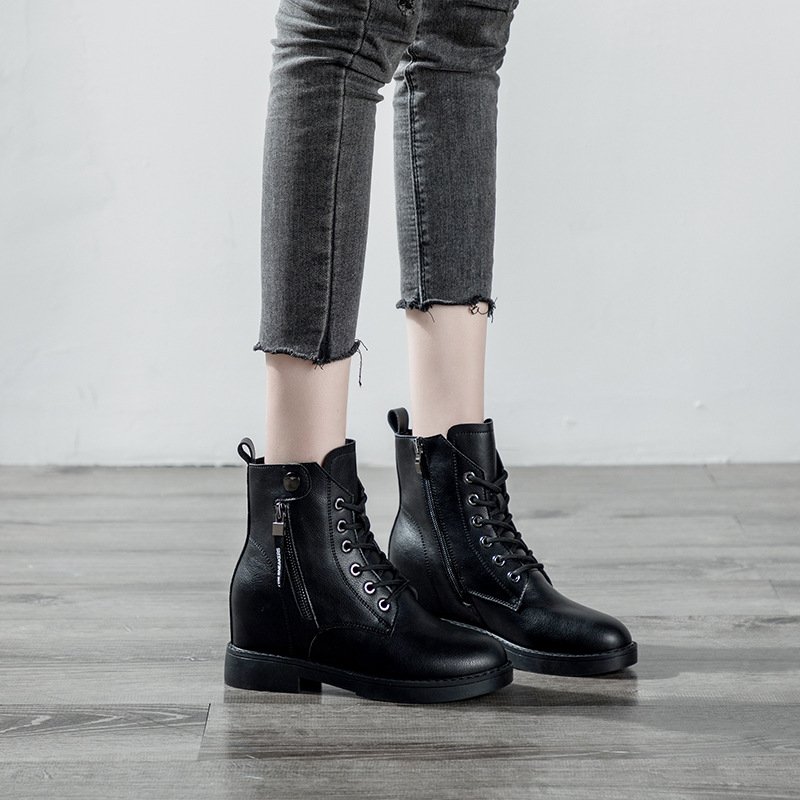Leather fashion boots comfortable breathable women's inner heightening lace-up casual short boots