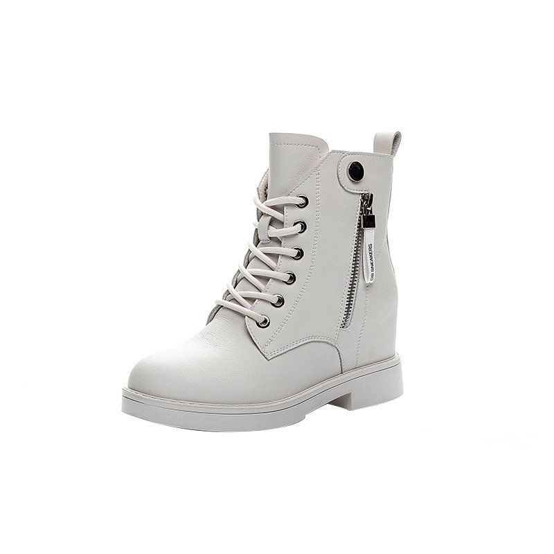 Leather fashion boots comfortable breathable women's inner heightening lace-up casual short boots