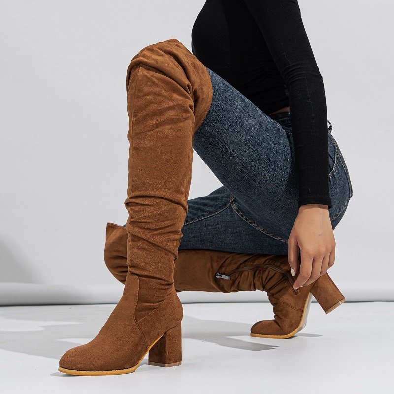 Black Women Shoes Fashion Square Heel Mature Zipper Wine Cup Solid Rome Over-the-Knee High Pleated Boots 2023 New Spring/Autumn