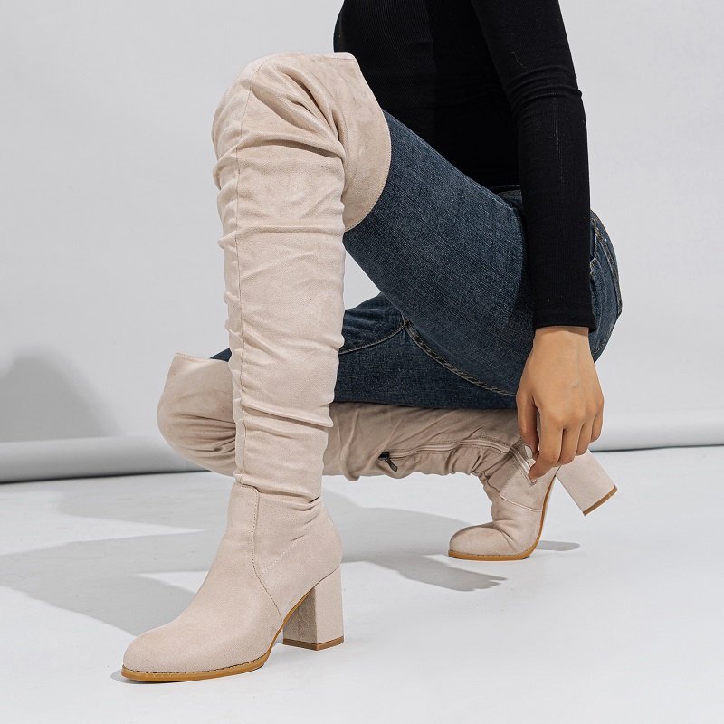 Black Women Shoes Fashion Square Heel Mature Zipper Wine Cup Solid Rome Over-the-Knee High Pleated Boots 2023 New Spring/Autumn