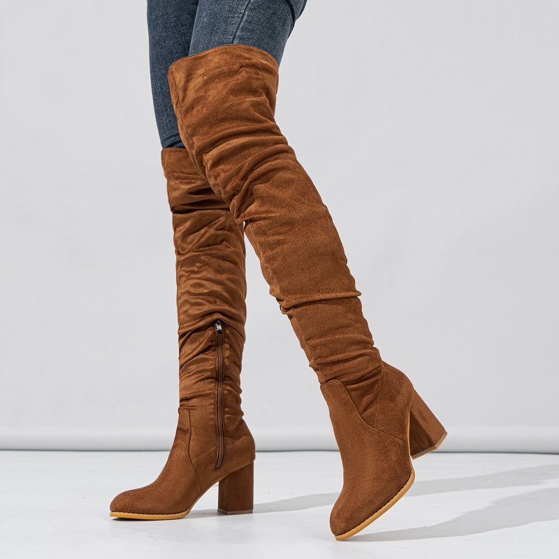 Black Women Shoes Fashion Square Heel Mature Zipper Wine Cup Solid Rome Over-the-Knee High Pleated Boots 2023 New Spring/Autumn