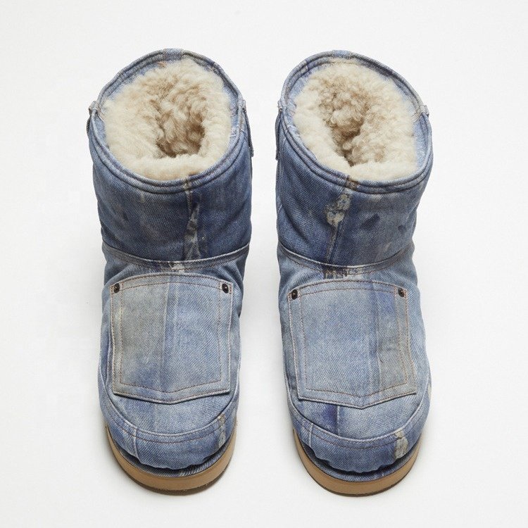 Dropshipping Custom Logo Denim Fur Ankle & Bootie Designer Chunky Platform Boots Shoes Women Winter Snow Boots with Pocket