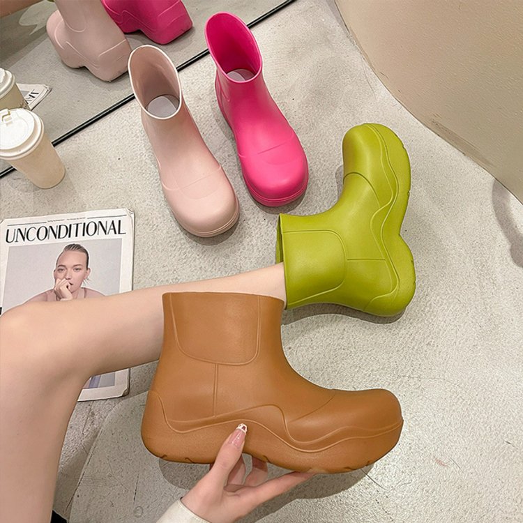 New Solid Color Round Toe Shoes Thick Soled Short Rain Boo Women Ladies Rain Boots