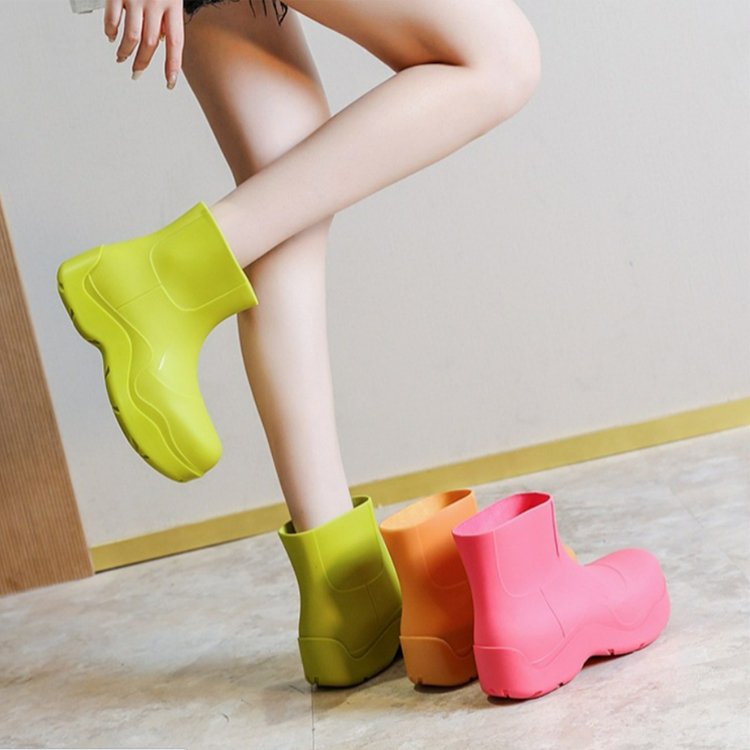 New Solid Color Round Toe Shoes Thick Soled Short Rain Boo Women Ladies Rain Boots