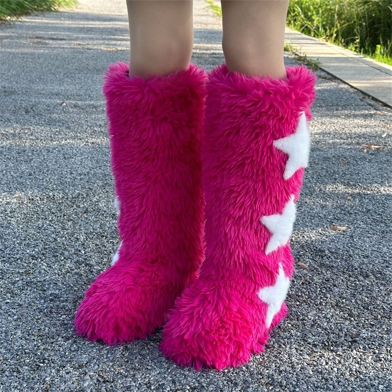 2024 Fuzzy Slippers Boots Women Winter Star Five Pointed Indoor Home Fur Contton Plush Non Slip Soft Warm Female Fur Shoes