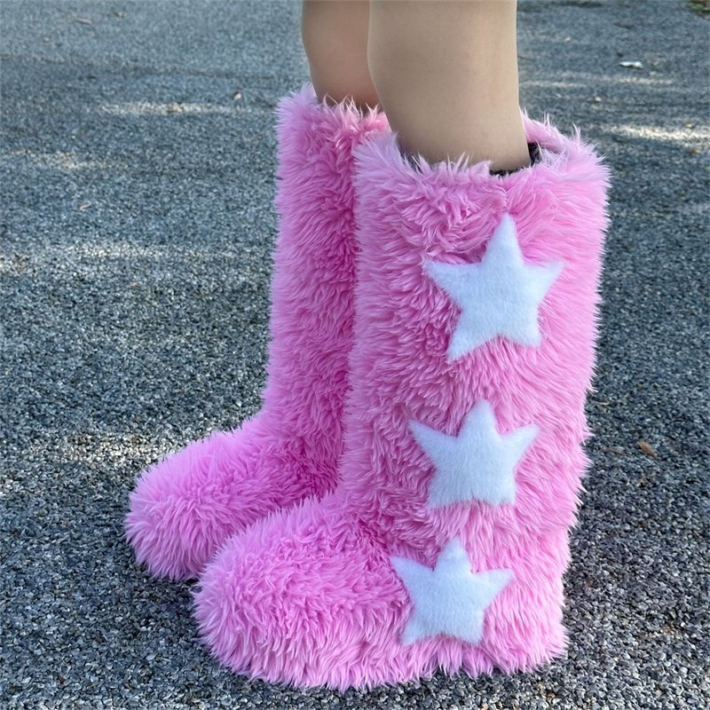 2024 Fuzzy Slippers Boots Women Winter Star Five Pointed Indoor Home Fur Contton Plush Non Slip Soft Warm Female Fur Shoes