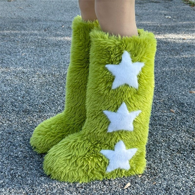 2024 Fuzzy Slippers Boots Women Winter Star Five Pointed Indoor Home Fur Contton Plush Non Slip Soft Warm Female Fur Shoes