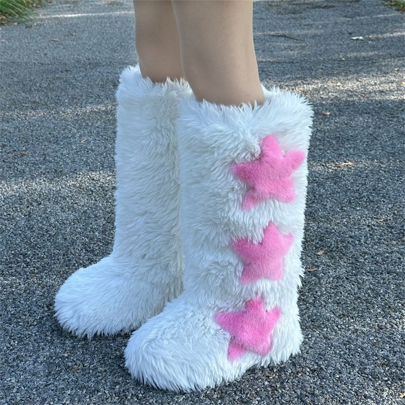 2024 Fuzzy Slippers Boots Women Winter Star Five Pointed Indoor Home Fur Contton Plush Non Slip Soft Warm Female Fur Shoes