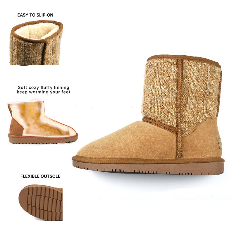 custom logo ladies brown knitted upper real wool fur lining winter women shoes sheepskin snow boots