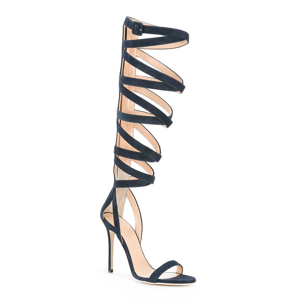 Blue Strappy Stiletto Sandals for Women Ladies High Heel Evening Dress Shoes Big Size 2018 Summer Knee High Gladiator Boots