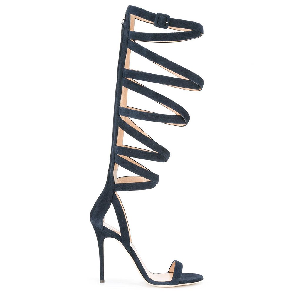 Blue Strappy Stiletto Sandals for Women Ladies High Heel Evening Dress Shoes Big Size 2018 Summer Knee High Gladiator Boots