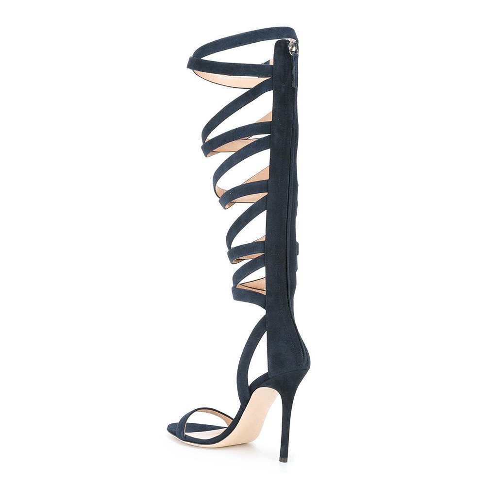 Blue Strappy Stiletto Sandals for Women Ladies High Heel Evening Dress Shoes Big Size 2018 Summer Knee High Gladiator Boots