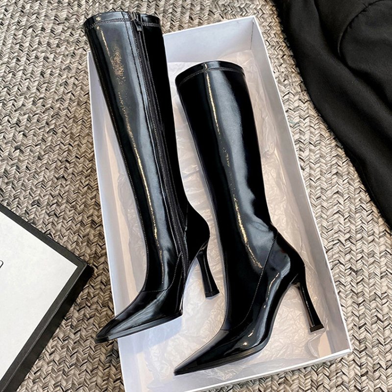 Lady New Fashion Black Patent leather Winter Zip 9CM High Thin heel Women Stiletto Midi Knee Boots Ladies Square Toe Sexy Boots