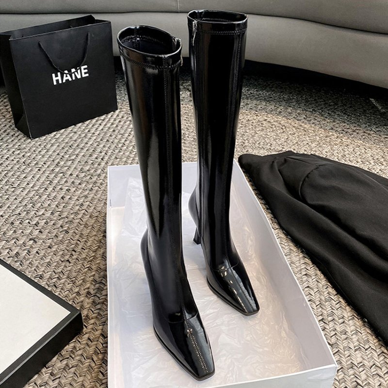 Lady New Fashion Black Patent leather Winter Zip 9CM High Thin heel Women Stiletto Midi Knee Boots Ladies Square Toe Sexy Boots