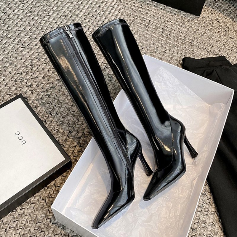 Lady New Fashion Black Patent leather Winter Zip 9CM High Thin heel Women Stiletto Midi Knee Boots Ladies Square Toe Sexy Boots