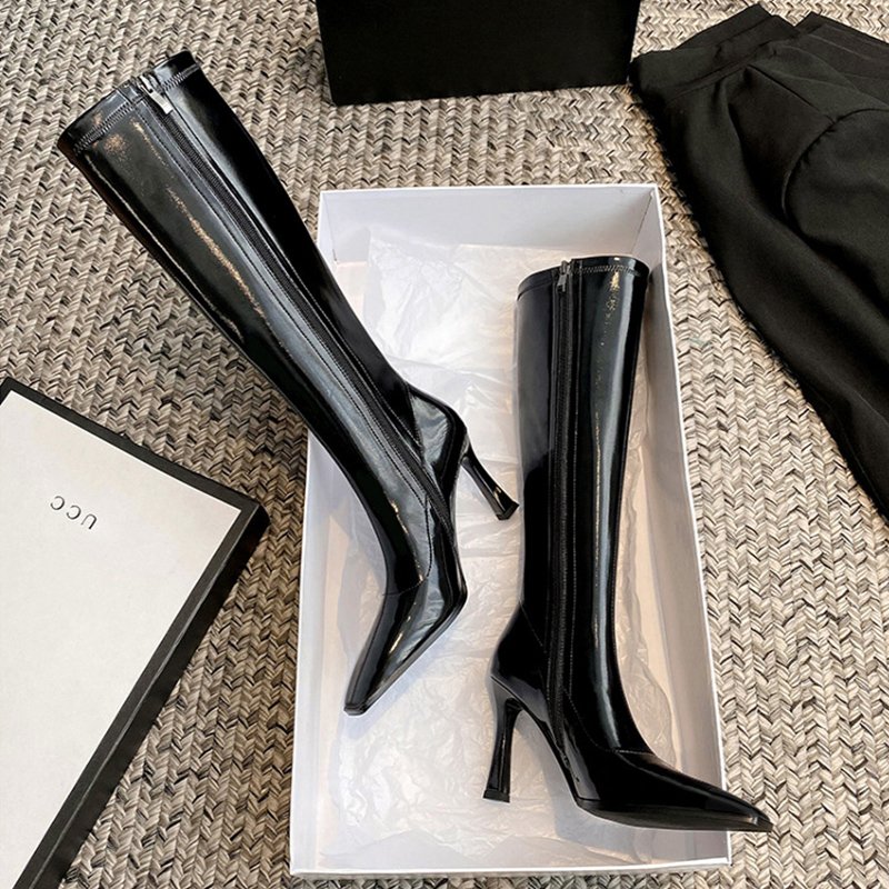 Lady New Fashion Black Patent leather Winter Zip 9CM High Thin heel Women Stiletto Midi Knee Boots Ladies Square Toe Sexy Boots