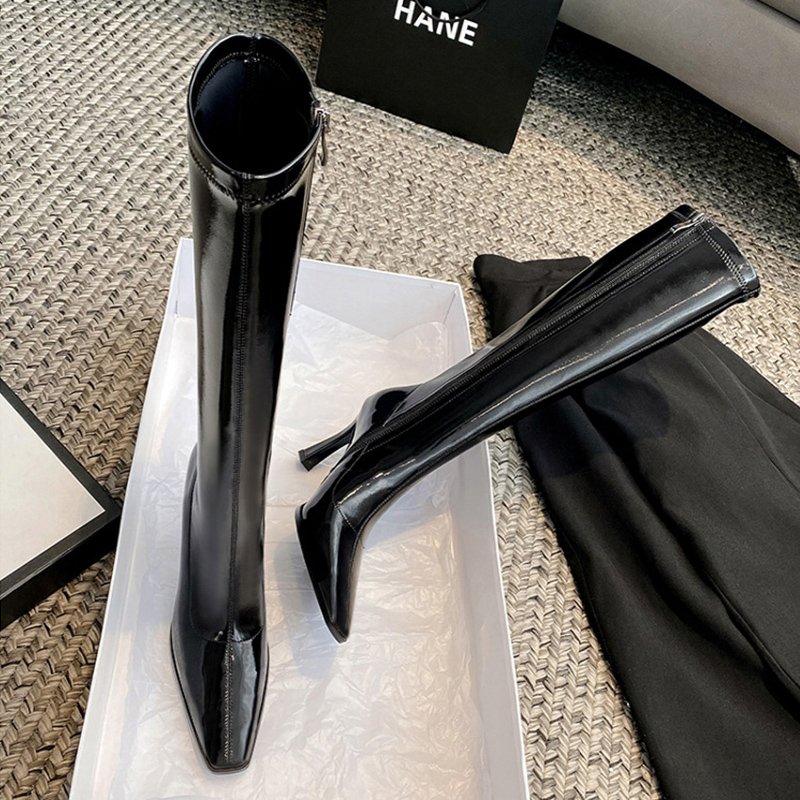 Lady New Fashion Black Patent leather Winter Zip 9CM High Thin heel Women Stiletto Midi Knee Boots Ladies Square Toe Sexy Boots