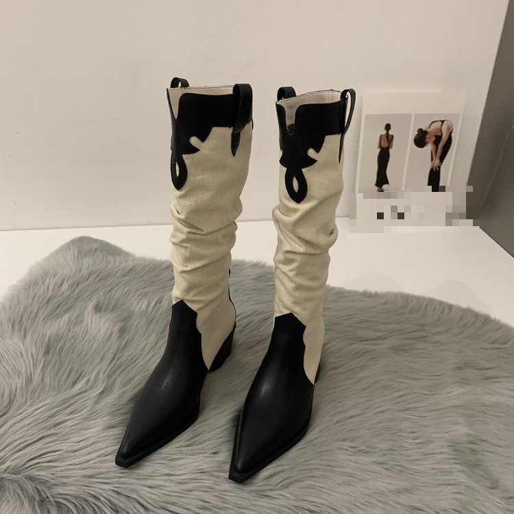 Winter New Western Denim High Heel Boots French Contrast Color Pointed Plush Warmth Knee Boots