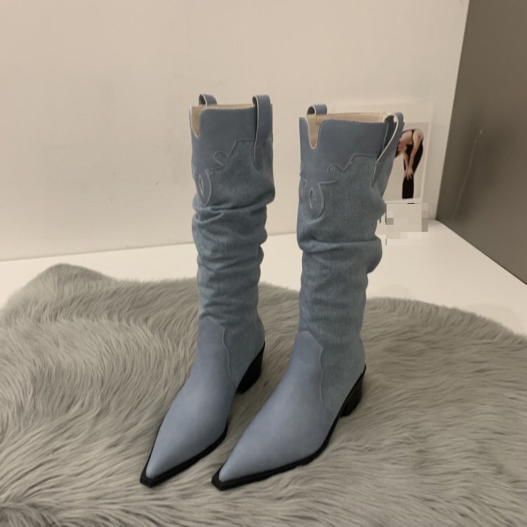 Winter New Western Denim High Heel Boots French Contrast Color Pointed Plush Warmth Knee Boots