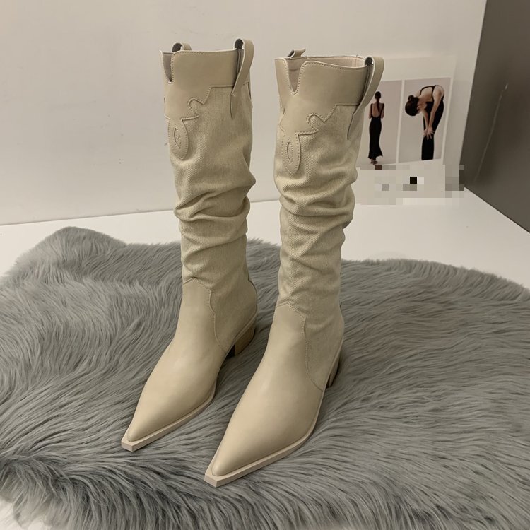 Winter New Western Denim High Heel Boots French Contrast Color Pointed Plush Warmth Knee Boots
