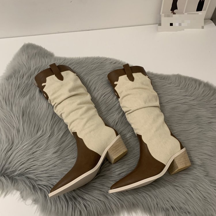 Winter New Western Denim High Heel Boots French Contrast Color Pointed Plush Warmth Knee Boots