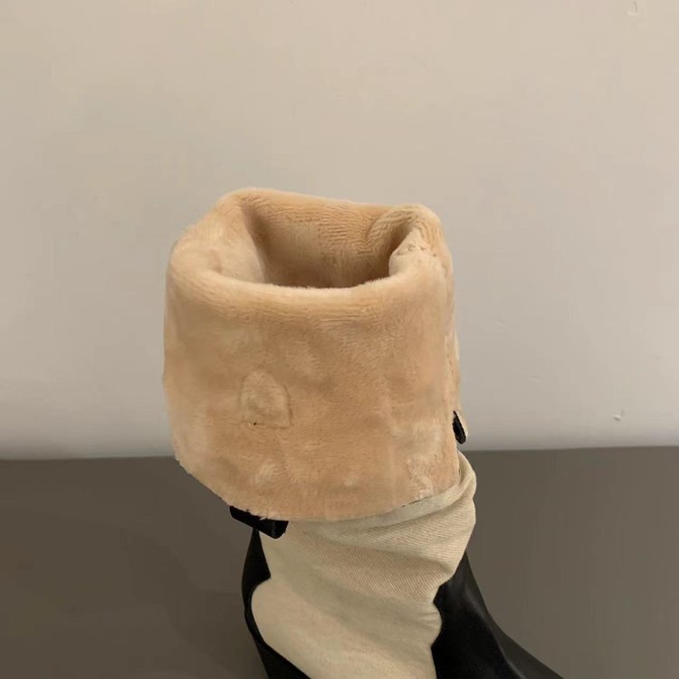 Winter New Western Denim High Heel Boots French Contrast Color Pointed Plush Warmth Knee Boots