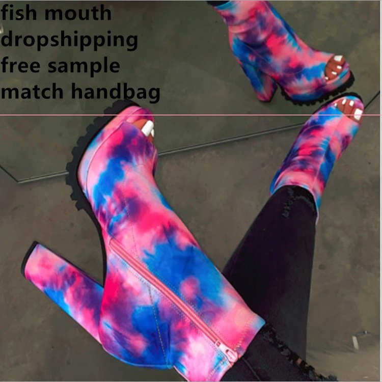 Dropshipping fashion Hot Selling Winter Fall New Stylish Printed High heel Women Shoes with Side Zip Over Knee Tall Boots