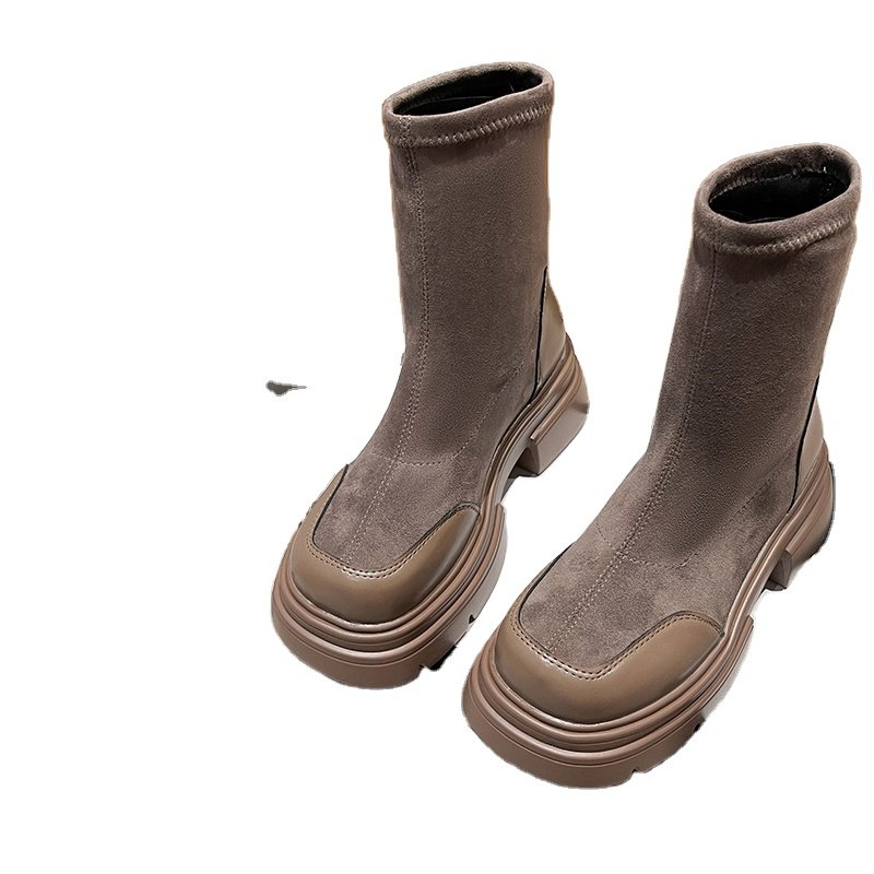 Latest Design Women's Thick Ankle Platform Waterproof Western Leather Sock Boots black platform ankle boots