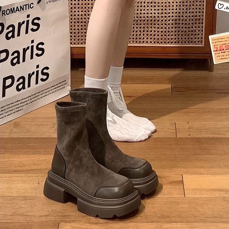 Latest Design Women's Thick Ankle Platform Waterproof Western Leather Sock Boots black platform ankle boots