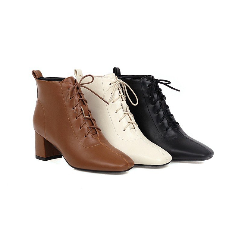 Ladies booties big small 31-39 size autumn square toes lace-up high hell women Genuine boots